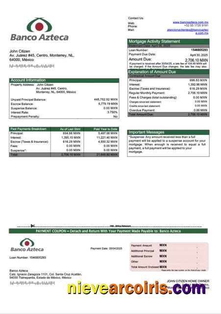 Mexico Banco Azteca mortgage statement Word and PDF template